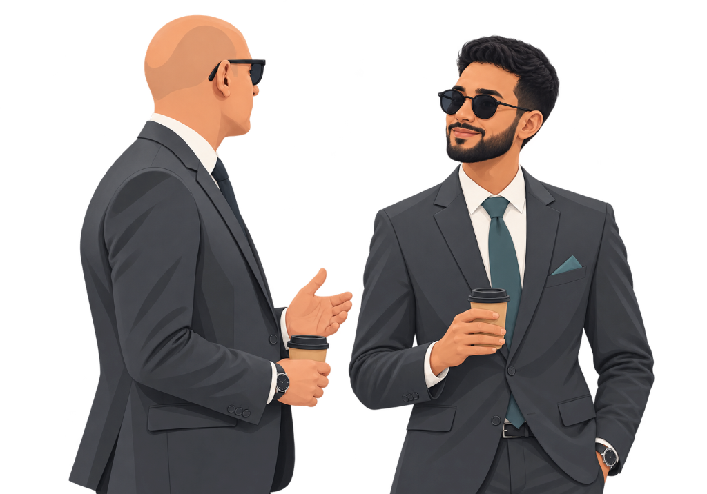 Adnane Elbakkali with a client over coffee — peace of mind, present operator